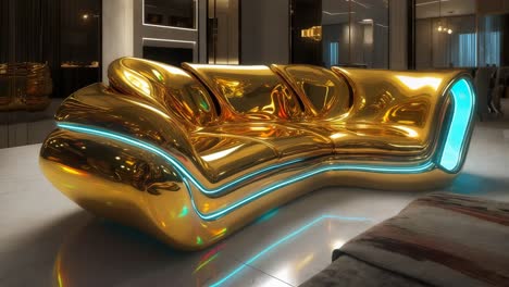 oro, futurista, sofá moderno en el lujoso salón