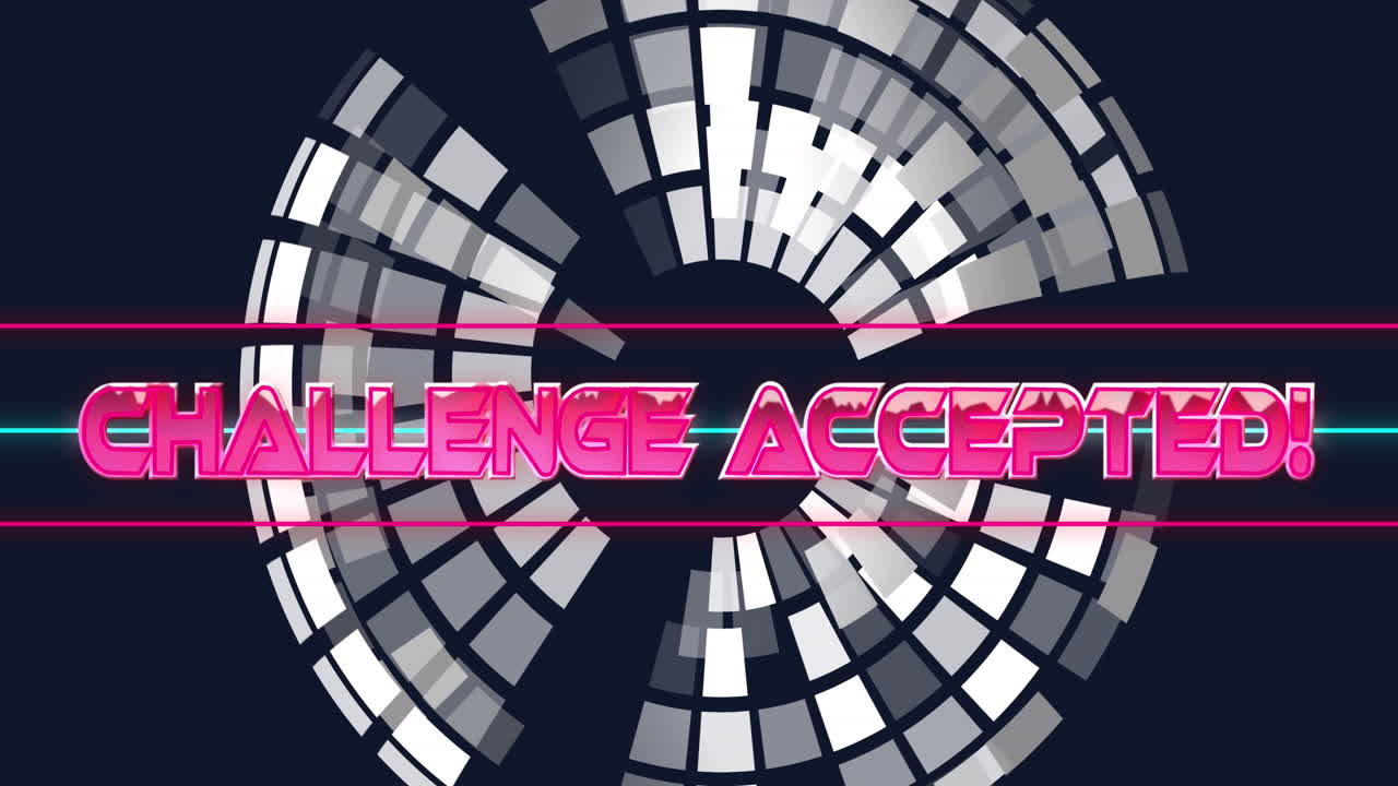 검은색 배경의 네온 모양 위에 도전 받아들여진 텍스트의 애니메이션