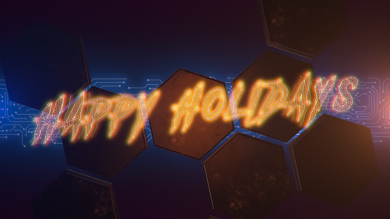 felices fiestas con patrón de hexágonos y líneas de neón