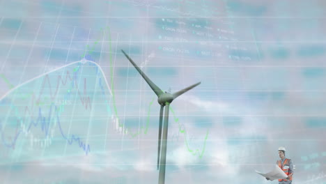 animation of wind turbine turning, male engineer reading plans and stock exchange graph