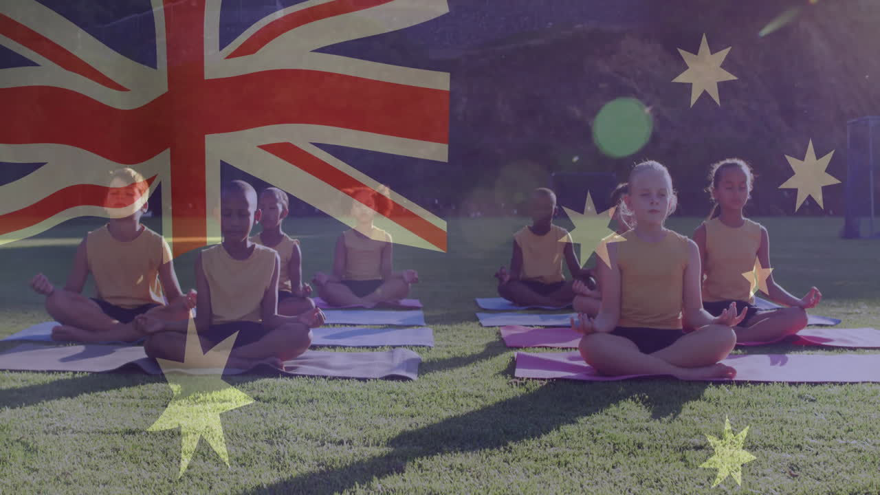 Practicing yoga on grass, children with Australian flag animation in school setting
