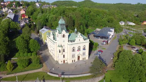 Silesian-Ostrava-Town-Hall-in-aerial-view,-Ostrava,-Czech-Republic