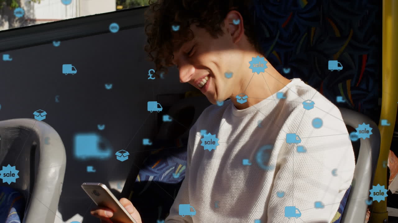animación de una red de iconos digitales sobre el hombre utilizando un teléfono inteligente