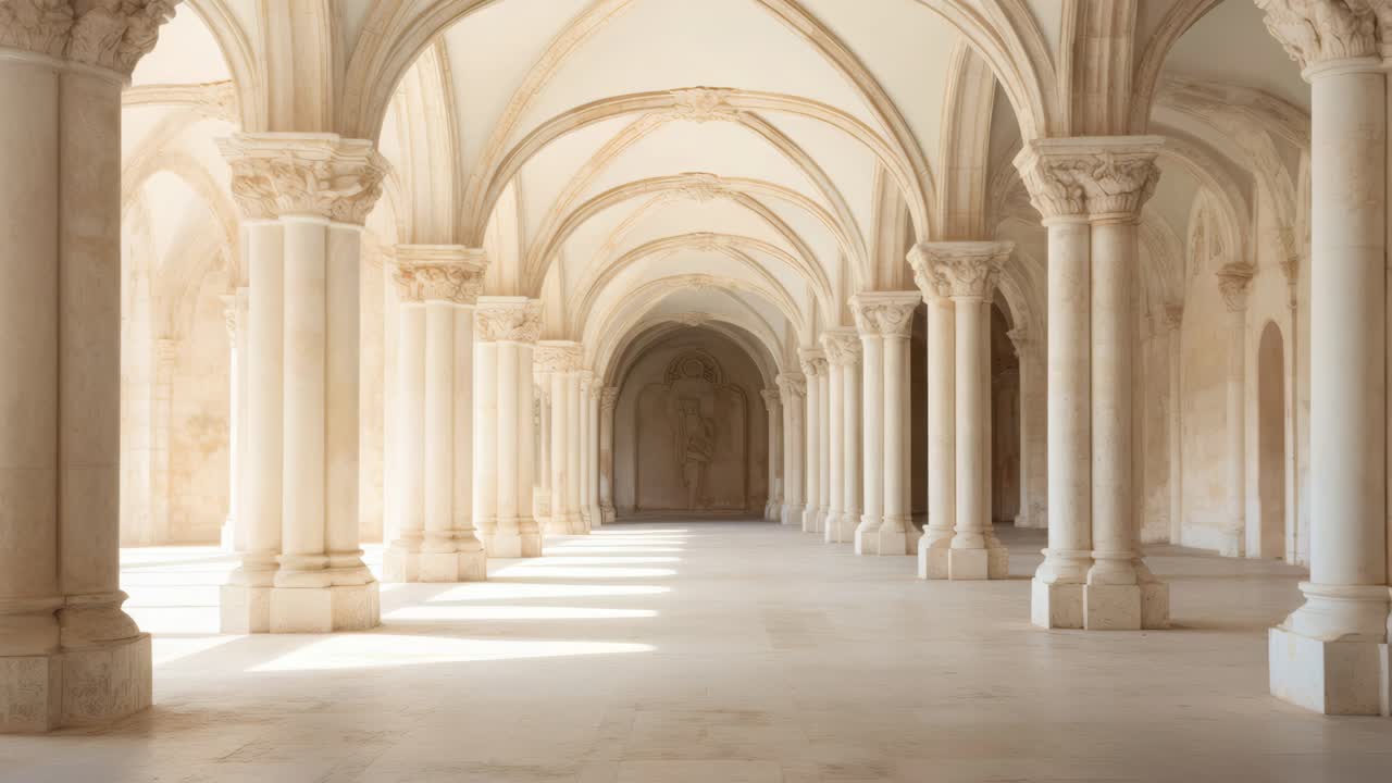 A serene video scene of a grand, sunlit hallway with elegant arches and columns, captured from a low
