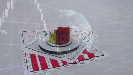 animación de gráficos y datos financieros en pantalla con turbina eólica en fondo gris