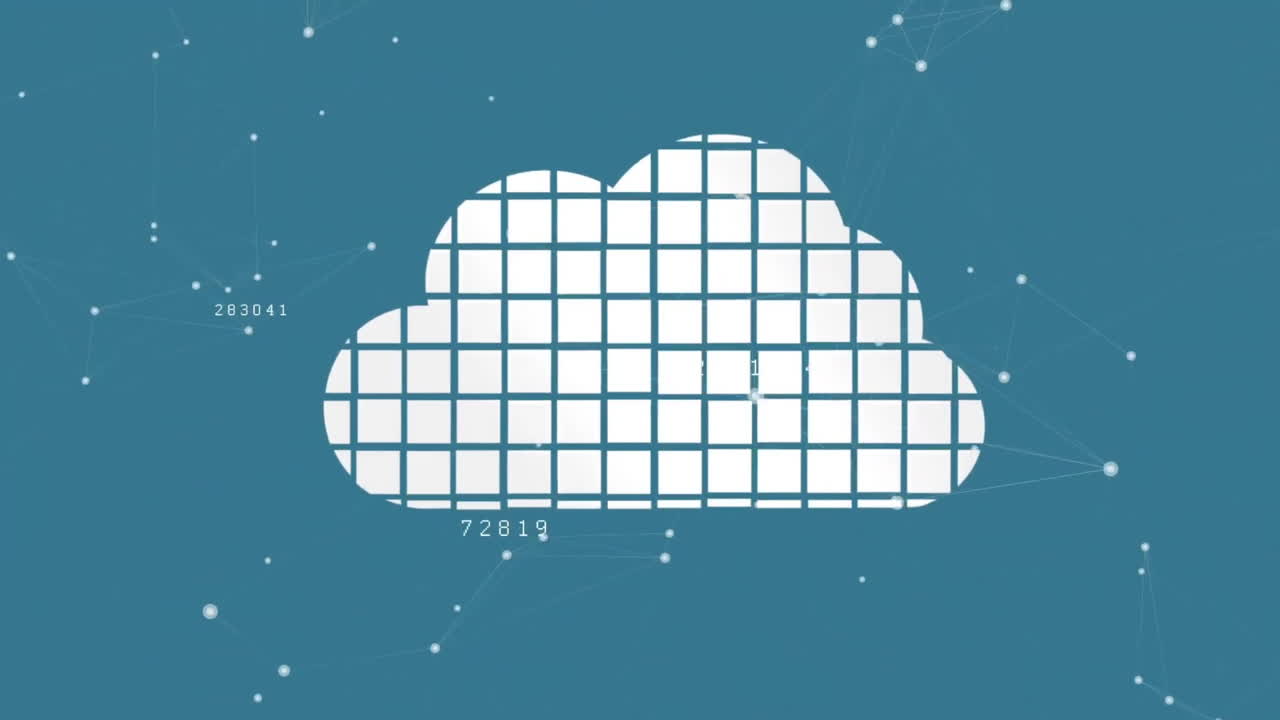 animación del procesamiento de datos y icono de nube sobre fondo azul