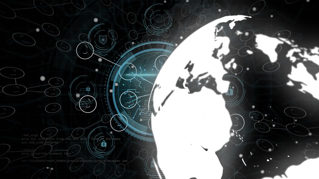 Data appearing initiates shield glowing, globe rotating, nodes linking, showing cybersecurity links