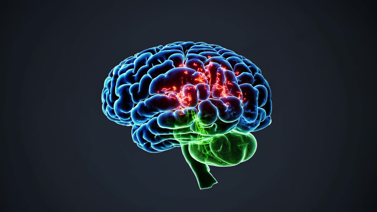 A glowing, neon-colored brain illustration from a side angle, highlighting neural activity