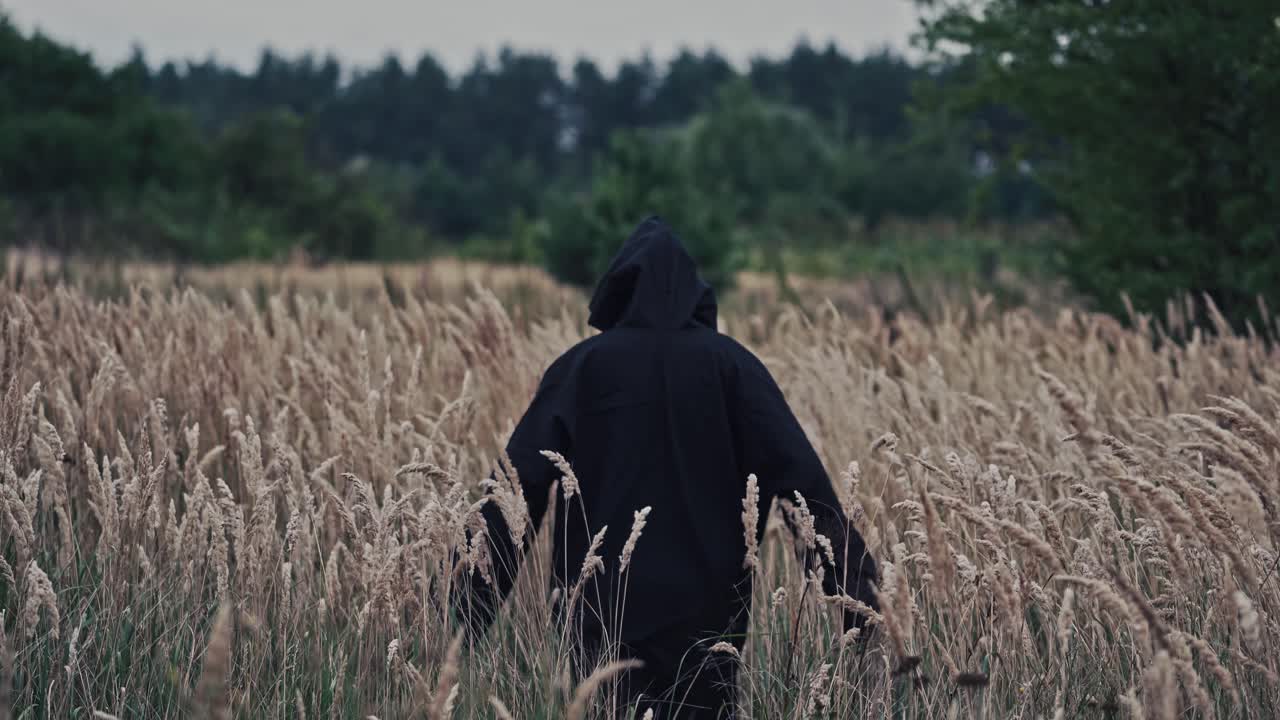 Ghost wandering in nature. Hooded ghostly figure in countryside fieldGhost wandering in nature. Hooded ghostly figure in countryside field