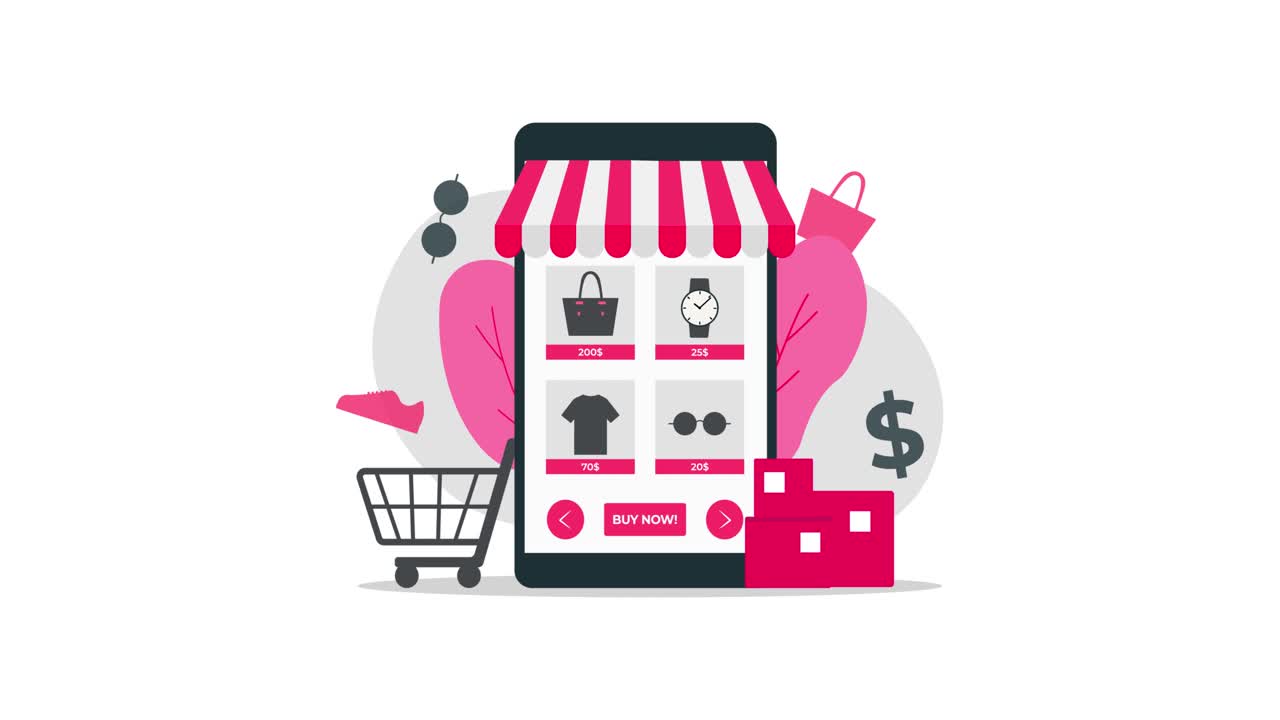 Telefono cellulare animato che mostra prodotti di shopping online