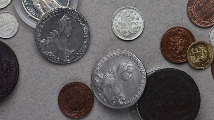 Numismatics. Old collectible coins made of silver on a wooden table.