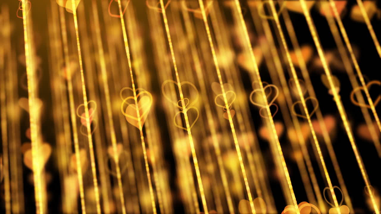 Blurred animated background with rotating golden hearts and lines with sparkling particles.