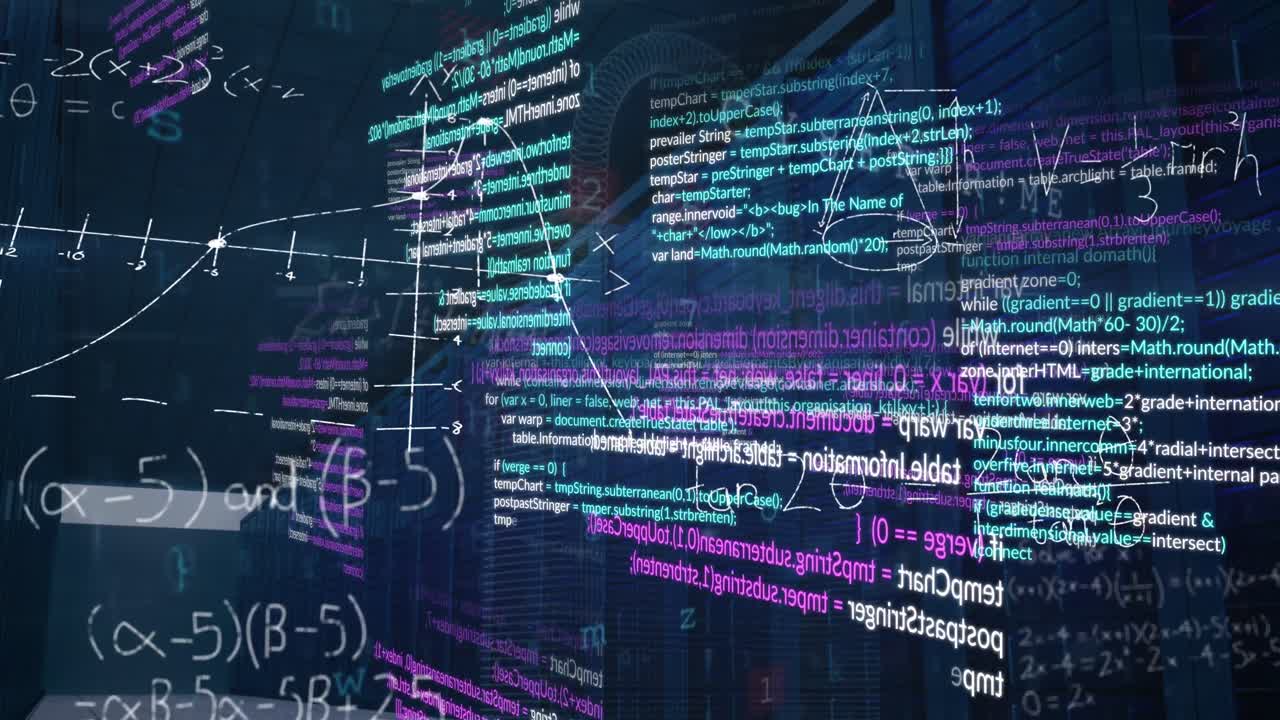Animation of data processing and mathematical equations over server room
