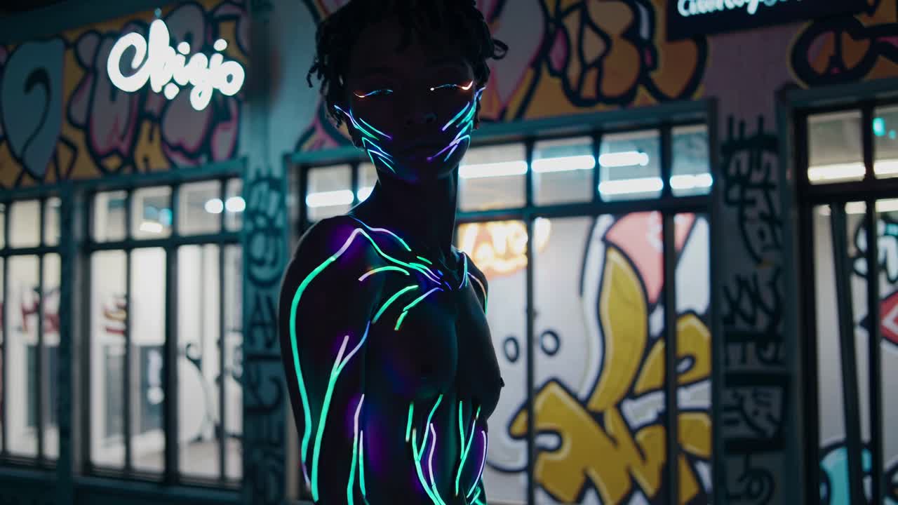 Ritratto di donna con trucco viso al neon luminoso