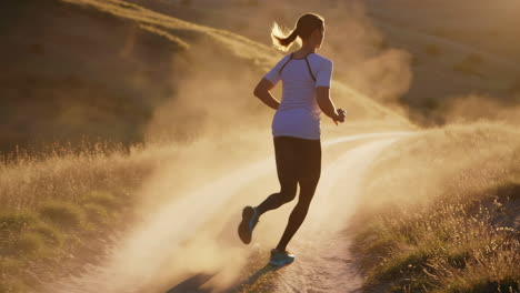 a woman exercising or running in a golden outdoor hilly landscape
