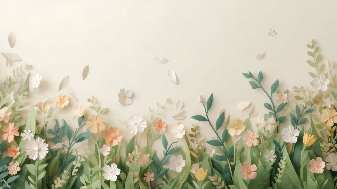 Drifting paper floral border releasing petals upward as soft breeze lifting cutouts on cream wall