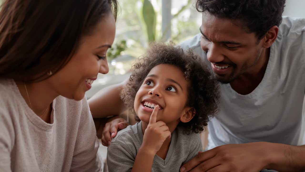 Child looking up touching teeth as parents leaning, talking on couch by window, father resting hand