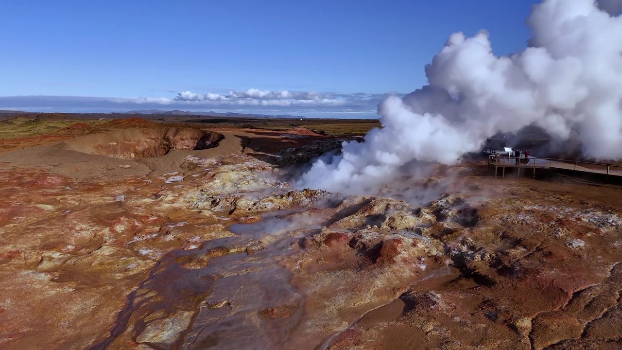 Vista aerea con drone di un campo geotermico fumante vicino al Lago Myvatn nell'Islanda settentrionale, con sfiati di vapore attivi, terreno ricco di minerali, sorgenti termali e visitatori su una passerella di legno