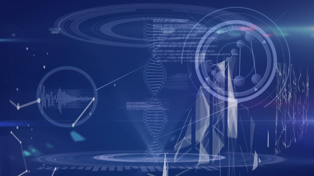 파란색 배경에 있는 dna 가닥 회전과 데이터 처리의 애니메이션