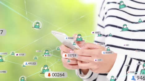 Animation-of-network-of-connections-and-social-media-icons-over-asian-woman-using-smartphone