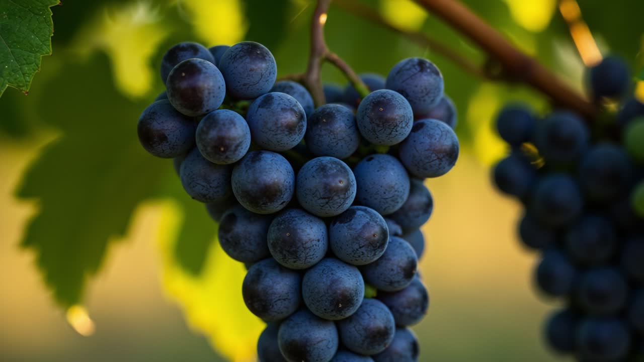 Close-up of a Bunch of Juicy, Ripe Blue Grapes Hanging on a Vine with Lush Green Leaves in a Beautiful, Natural Setting