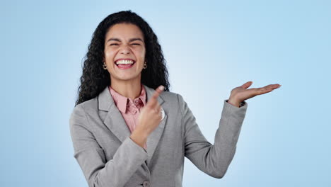 Face,-woman-and-hand-pointing-at-you-in-studio