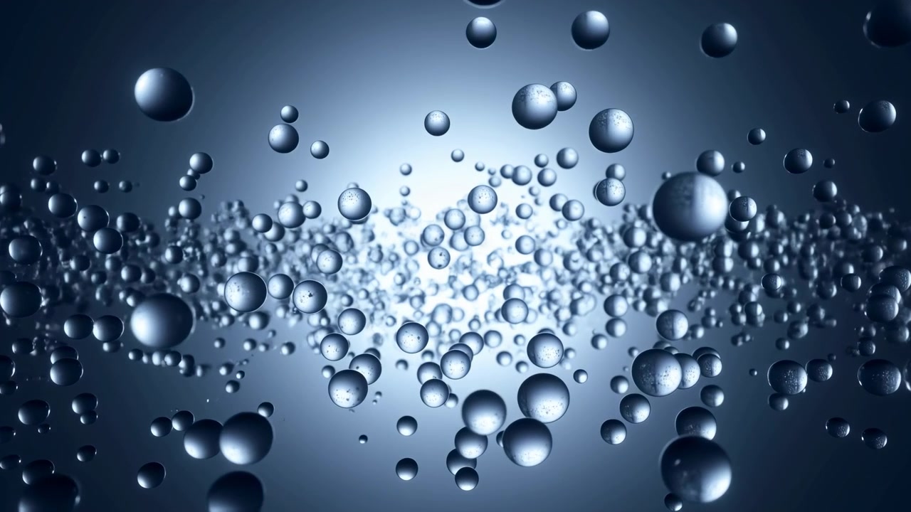 commercial scene featuring floating and dispersing bubbles against a dark background with light reflections, captured from a side view, creating a mysterious and serene atmosphere with blue.