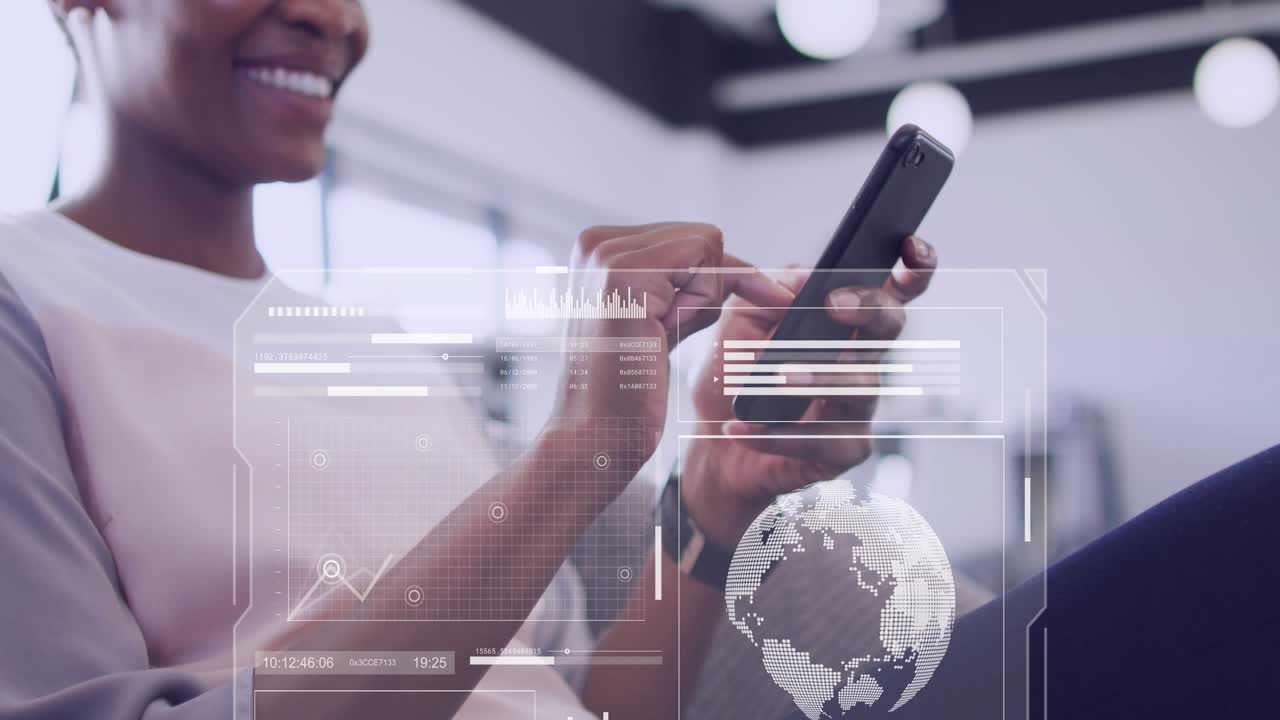 Woman tapping phone and swiping, activating HUD charts and globe animating to show business metrics