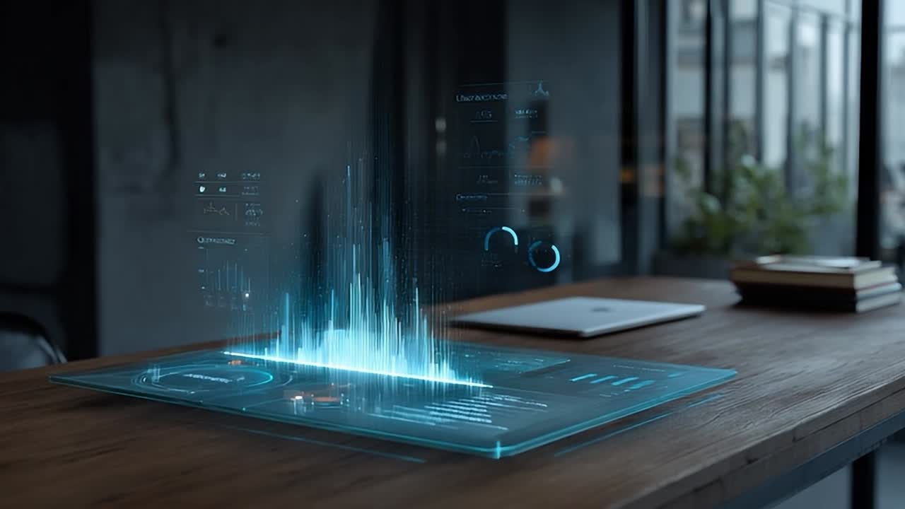 Tech interface showcased on a wooden table in a modern office