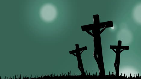 silhouettes of three crosses on hill over green sky animation