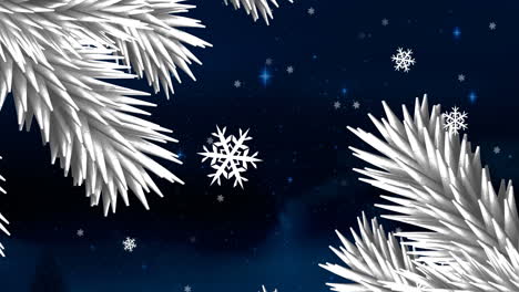 las ramas de los árboles de navidad contra los copos de nieve flotantes y las estrellas brillantes azules sobre un fondo azul
