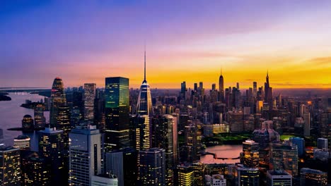 sunset casts a warm glow over the new york city skyline, illuminating the skyscrapers and creating a stunning evening scene