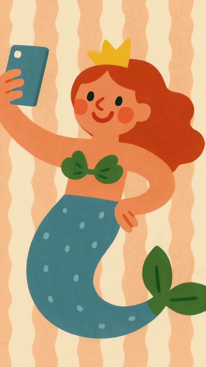 Illustrazione giocosa di una sirena che si fa un selfie. Lo stile stravagante presenta un angolo frontale.