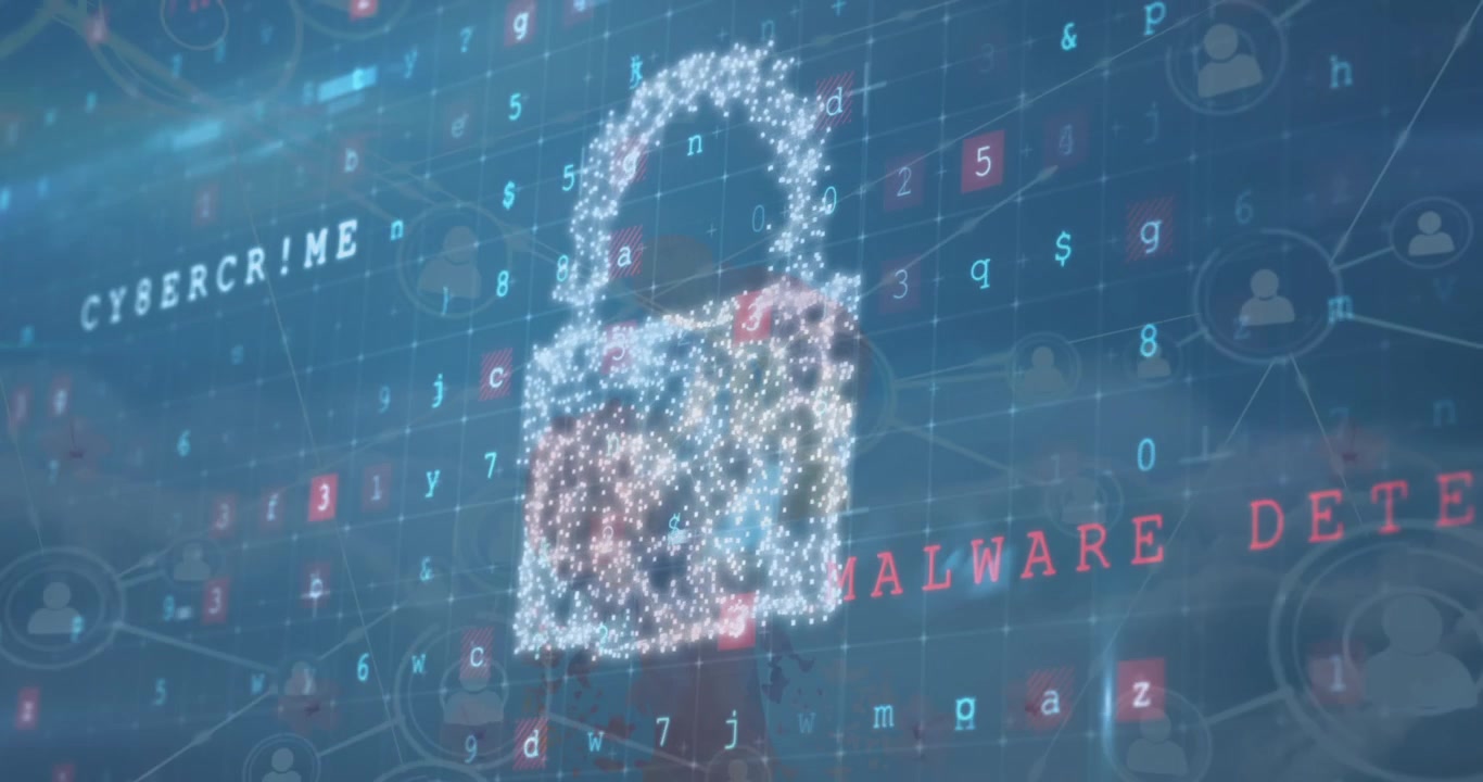 Animation of digital interface with security shield over blue background