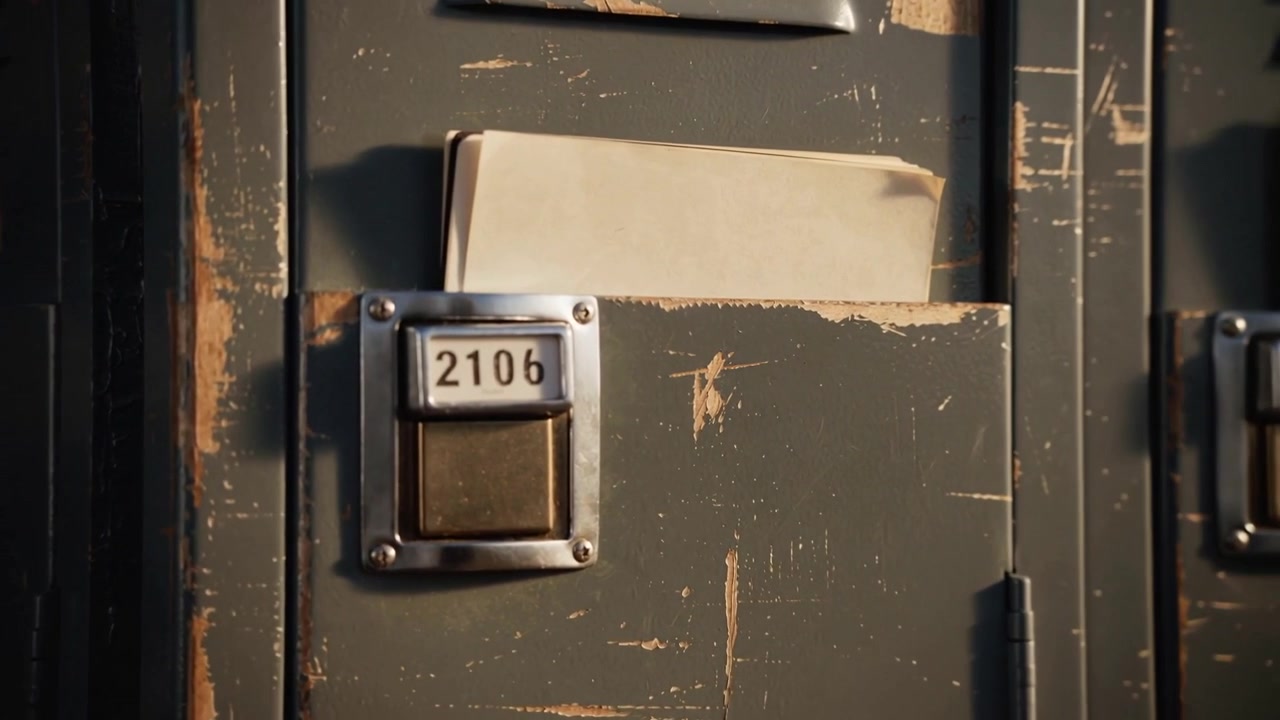 Moving camera tightening on metal locker 2106 in hallway, revealing folded envelope and push latch