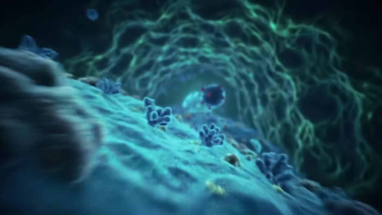 Journey through the intricate environment of a human cell, showcasing the dynamic structures and processes that sustain life. Discover the beauty of cellular components in motion.