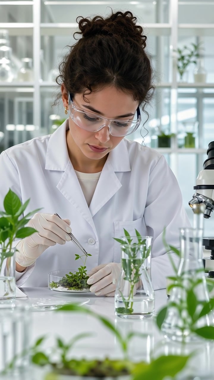 Vědkyně v ochranných brýlích zkoumá vzorky rostlin pinzetou v laboratorním skleníku.