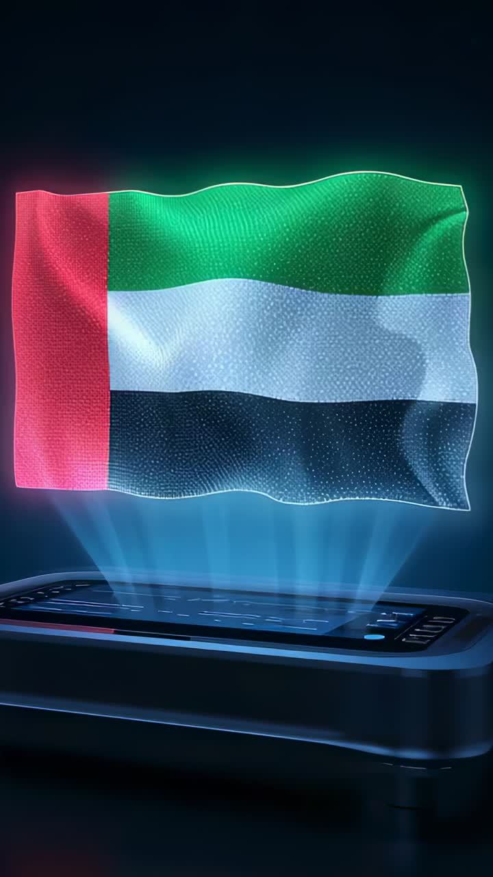 Vertical video: Emitting blue beams, unit projecting hologram flag on desk for display