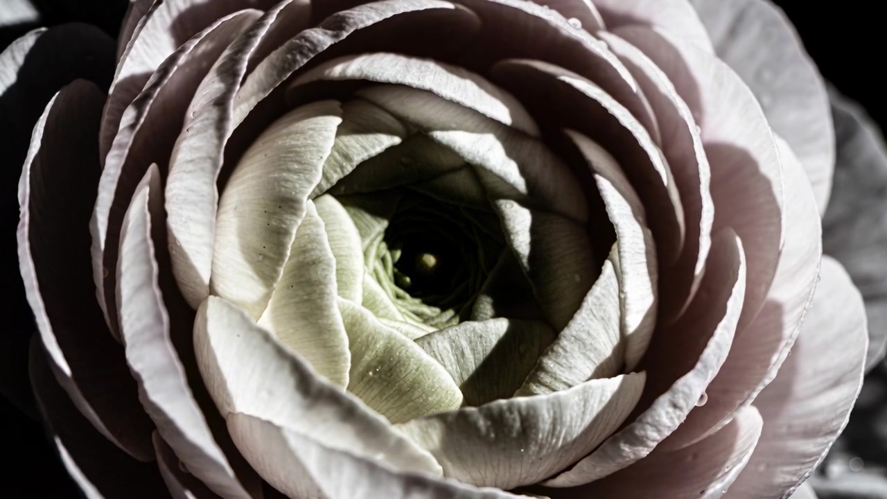 Zooming lens moving inward after playback, revealing pale-pink bloom spiral with droplets, studio