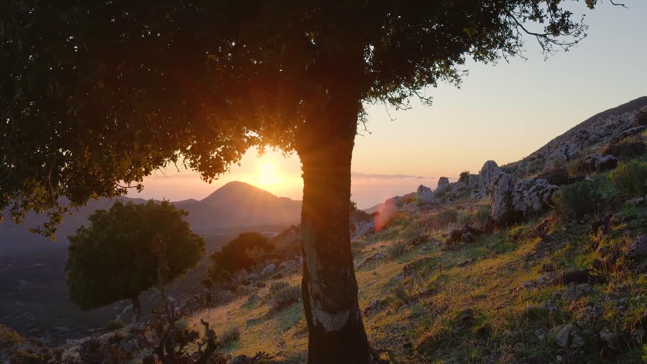 Sunset over Mountainous Landscape with Trees