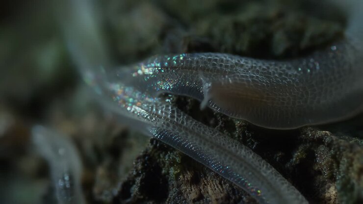 Nærbillede af en gennemsigtig, iridescent vandlevende organisme