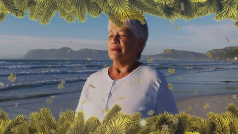 animación de decoraciones navideñas sobre mujer biracial en la playa