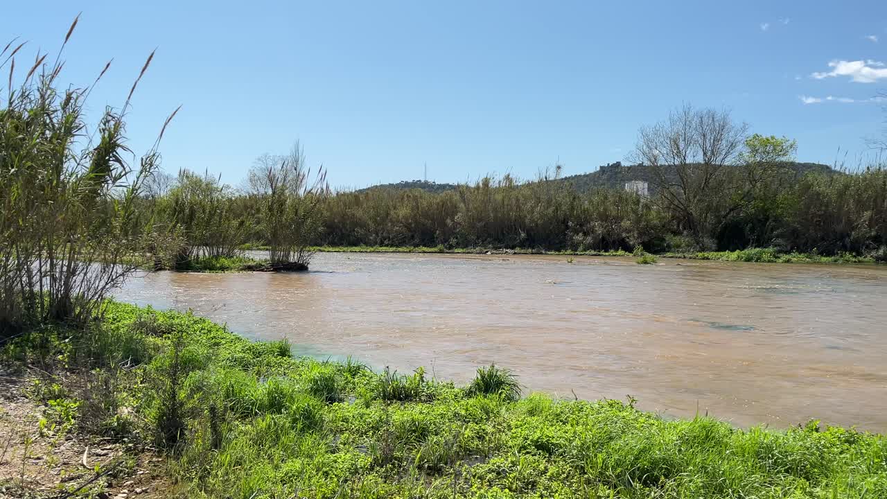 río tordera en barcelona, primer plano con vegetación verde y montañas con fondo de cielo azul, naturaleza