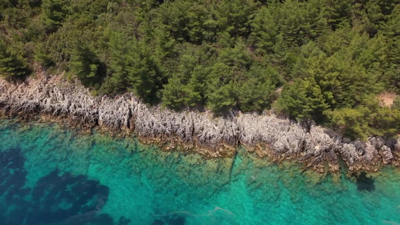 Yunanistan'ın Lefkada adasının engebeli kıyı şeridi boyunca drone ile havadan çekim. Kristal berraklığında turkuaz sular, kayalık kıyılar ve yoğun Akdeniz çam ormanıyla buluşuyor.