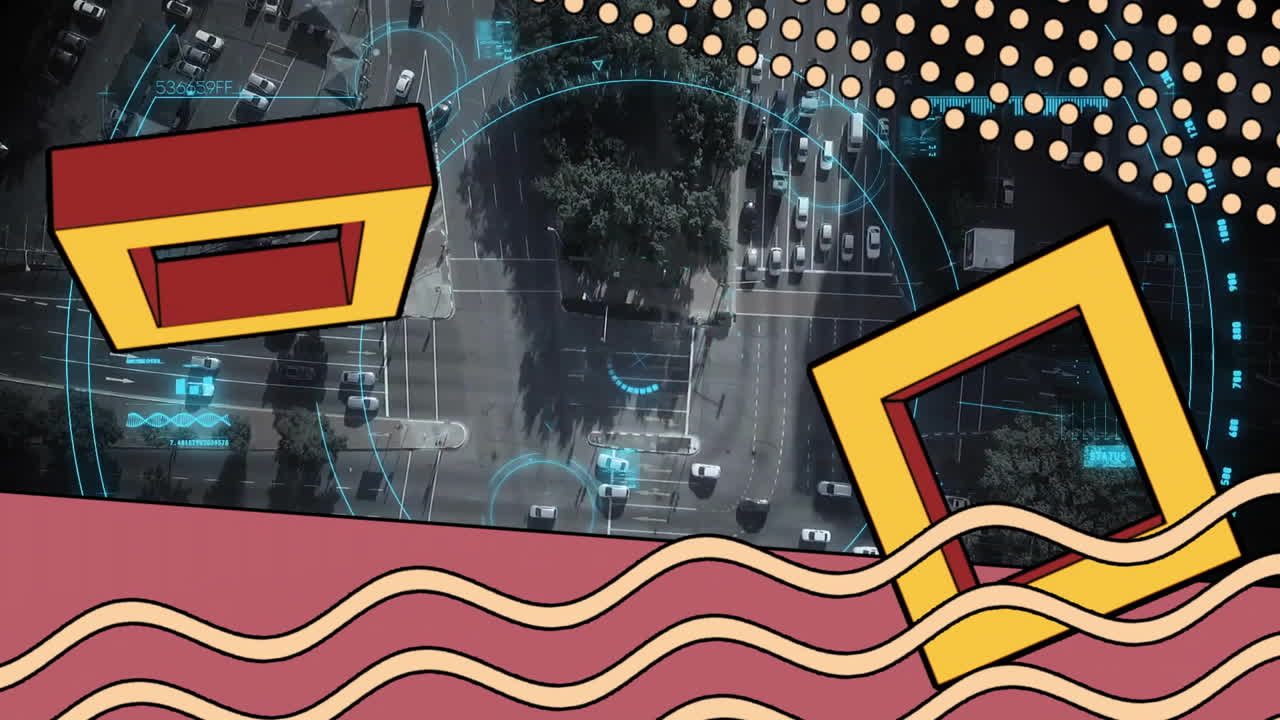 Animation of abstract shapes over aerial view of busy city intersection