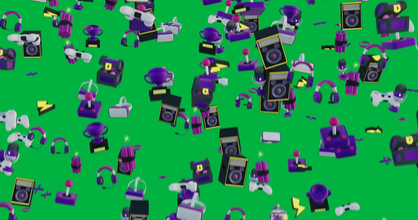 Animation of gaming items and copy space on transparent background