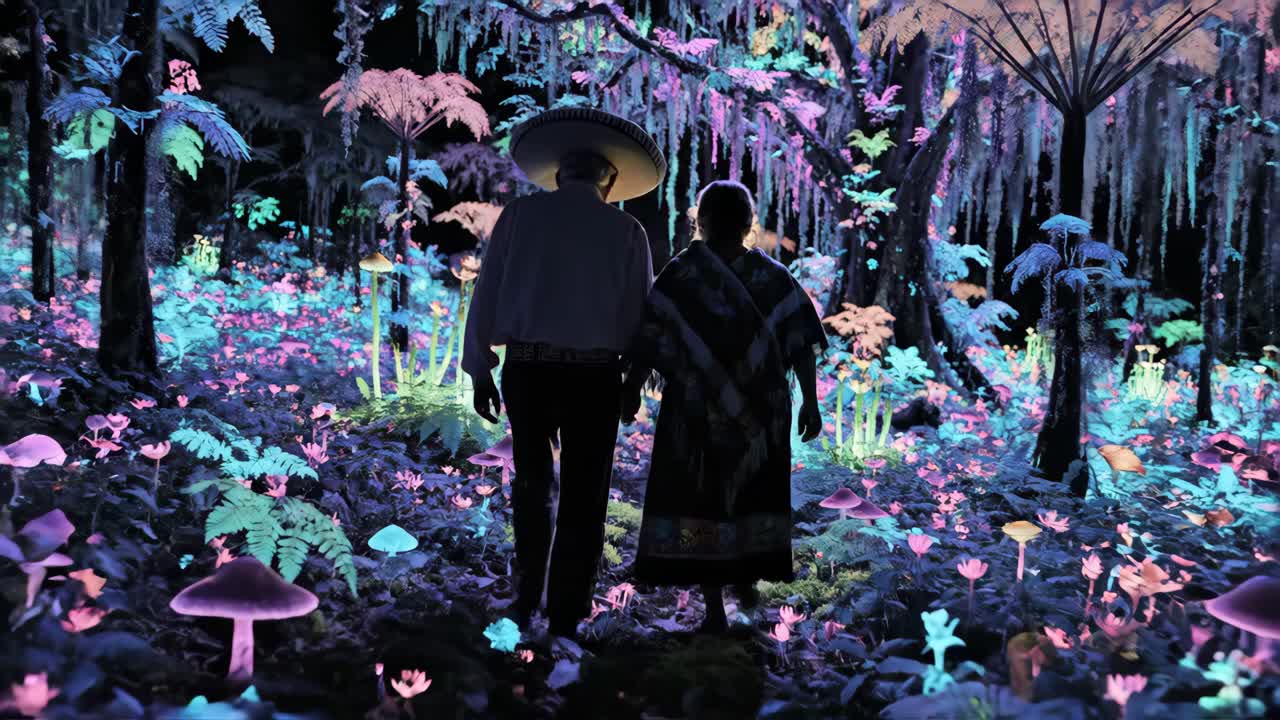 Couple walking in an illuminated fantasy forest