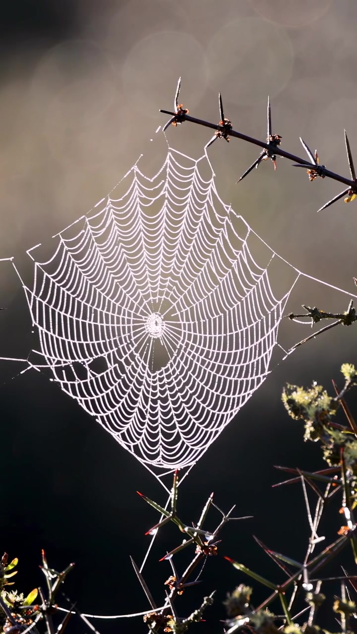 Et spindelvev glitrer i naturlig lys, omgitt av løvverk. Kameraet skifter gradvis fokus, og fremhever spindelvevets intrikate detaljer.