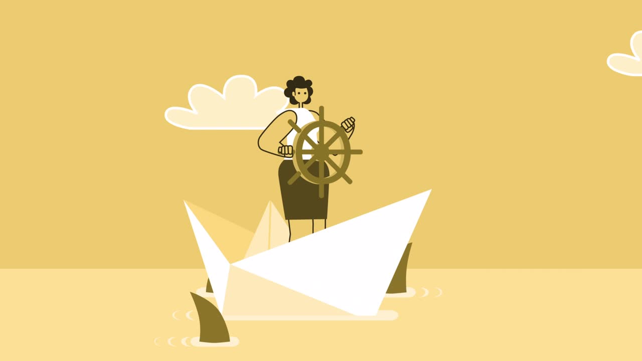 mujer de estilo amarillo personaje plano navegando rodeado de tiburones en un barco de papel. animación de bucle aislado