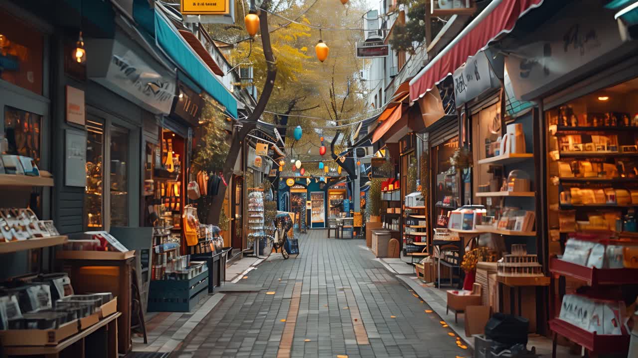 Charming Pedestrian Alleyway with Shops and Lanterns